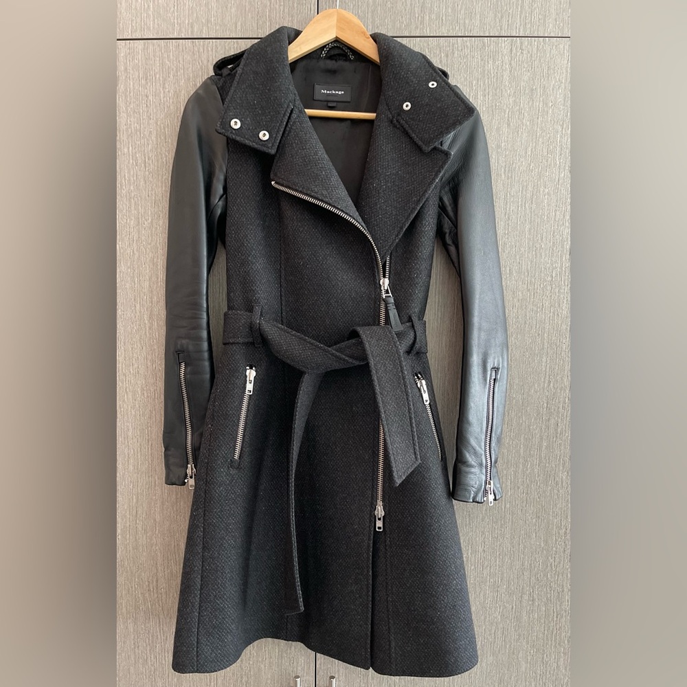 Mackage leather and wool asymmetrical trench coat. Size xxs.